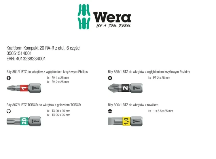 Wkrętak Kraftform Kompakt 20 RA-R z etui; 6 części Wera - zawartość zestawu