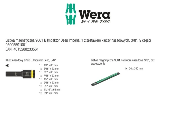 Listwa magnetyczna 9661 B Impaktor Deep Imperial 1 z zestawem kluczy nasadowych; 3/8"; 9 części Wera - 8