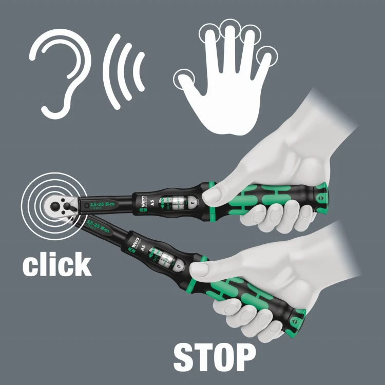 Zestaw narzędzi Click-Torque A 6 Set 1; 2;5-25 Nm; 20 części Wera - Słyszalny i wyczuwalny mechanizm wyzwalający