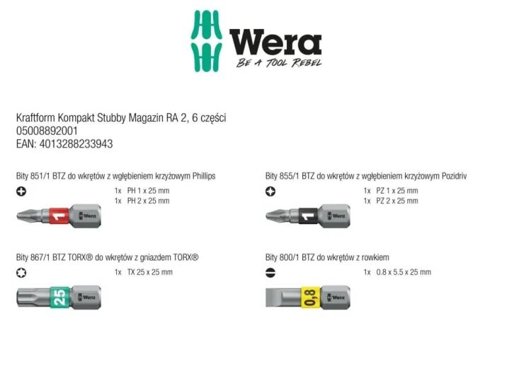 Wkrętak Kraftform Kompakt Stubby Magazin RA 2; 6 części Wera - zawartość zestawu