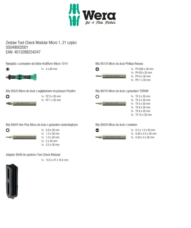 Zestaw Tool-Check Modular Micro 1; 21 części Wera - zawartość zestawu