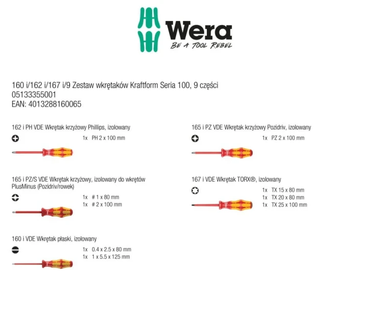 Wkrętaki (śrubokręty) izolowane w zestaweia 160 i/162 i/167 i/9 Kraftform Seria 100; 9 części Wera - zawartość zestawu