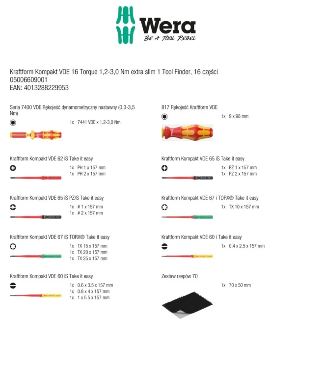 Kraftform Kompakt VDE 16 Torque 1;2-3;0 Nm extra slim 1 Tool Finder; 16 części Wera - zawartość zestawu