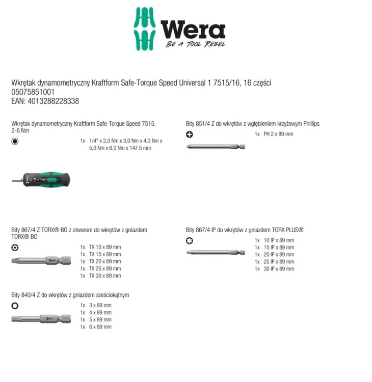 Wkrętak dynamometryczny Kraftform Safe-Torque Speed Universal 1 7515/16; 16 części Wera  - zawartość zestawu