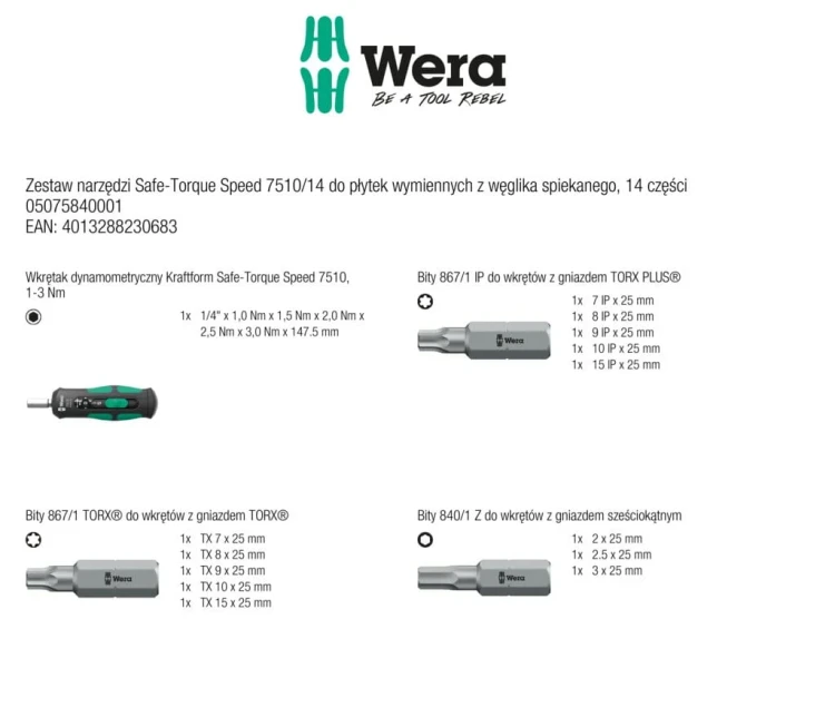Zestaw narzędzi Safe-Torque Speed 7510/14 do płytek wymiennych z węglika spiekanego; 14 części Wera - 2