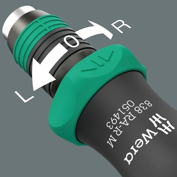 Rękojeść z uchwytem do bitów 838 RA-R M, z funkcją grzechotki, 1/4";, 1/4"; x 123.5 mm Wera - ergonomiczny przełącznik zmiany kierunku pracy