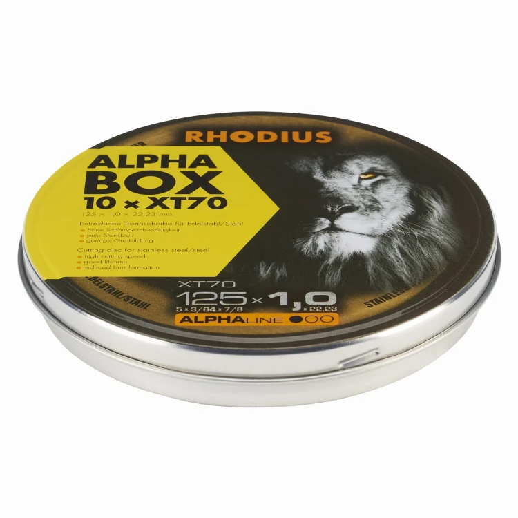 Tarcza do cięcia metalu, 10 + 2 szt. gratis, Rhodius XT70 BOX - w metalowej puszce