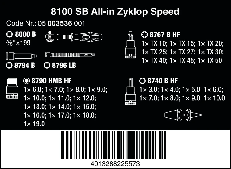 Zestaw kluczy nasadowych z grzechotką Zyklop Speed 3/8" 8100 SB All-in, 35 część Wera - 35