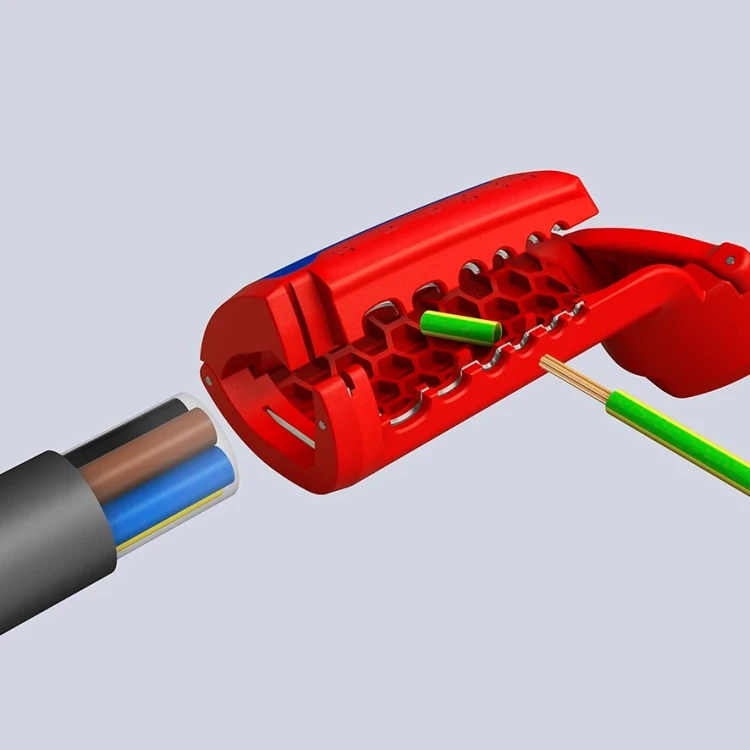 Ściągacz izolacji zewnętrznej z przewodów okrągłych śr. 12–28 mm ErgoStrip XL Knipex 16 95 11 - w użyciu 16